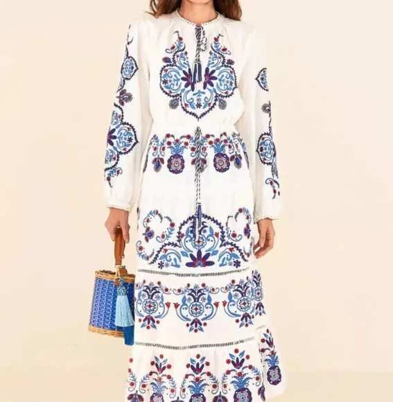 FARM Rio White Long-Sleeve Maxi Dress with Blue and Purple Embroidery - Picture 2 of 9